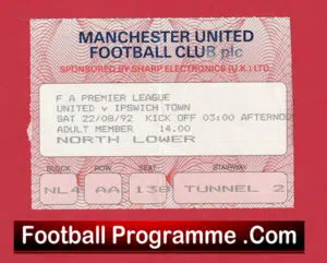 Manchester United v Ipswich Town 1992 – Football Ticket Stub