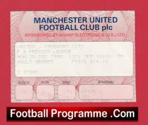 Manchester United v Coventry City 1992 – Match Ticket