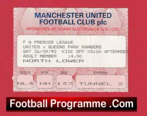 Manchester United v QPR 1992 Ticket – Champions Season
