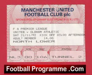 Manchester United v Oldham Athletic 1992 – Match Ticket