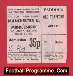 Manchester United v Middlesbrough 1972 – Match Ticket 70s