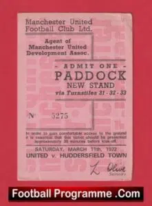 Manchester United v Huddersfield Town 1972 – Paddock Ticket Man Utd