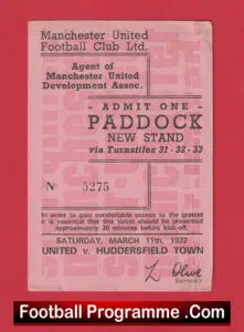 Manchester United v Huddersfield Town 1972 – Paddock Ticket Man Utd