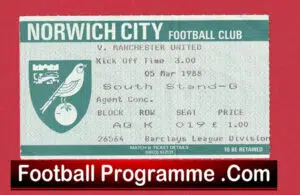 Norwich City v Manchester United 1988 – Football Ticket