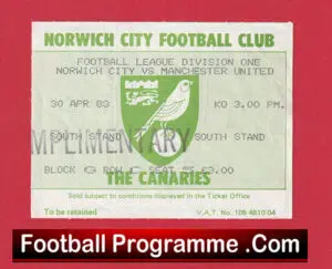 Norwich City v Manchester United 1983 – Football Ticket