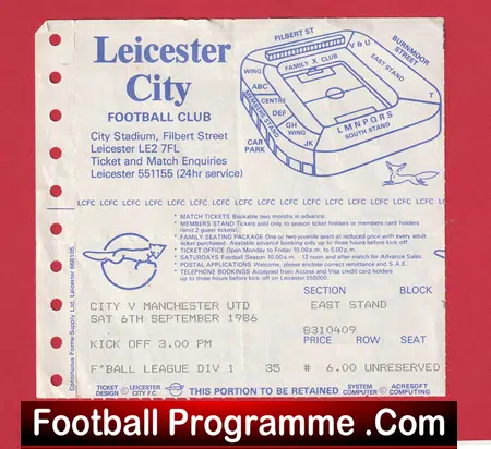 Leicester City v Manchester United 1986 - Football Ticket - Image 2