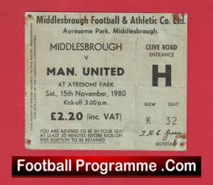 Middlesbrough v Manchester United 1980 – 1980s Match Ticket