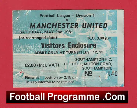 Southampton v Manchester United 1981 - Football Match Day Ticket - Image 2