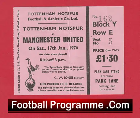 Tottenham Hotspur v Manchester United 1976 - Match Day Ticket - Image 2