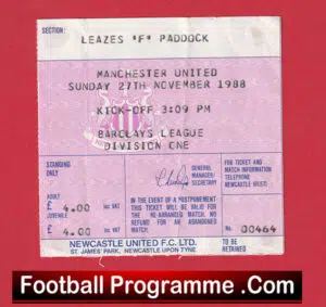 Newcastle United v Manchester United 1988 – Match Ticket