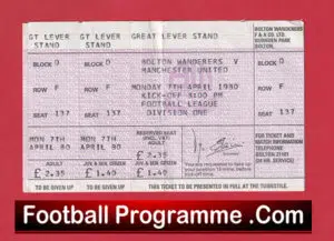 Bolton Wanderers v Manchester United 1980 – Match Ticket