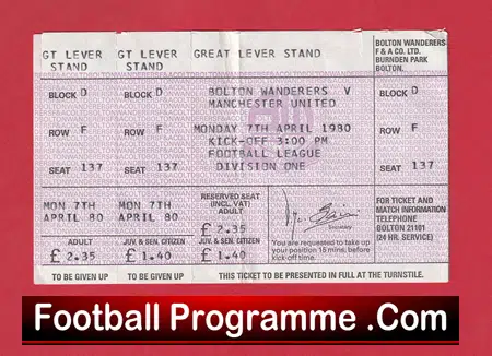 Bolton Wanderers v Manchester United 1980 - Match Ticket - Image 2