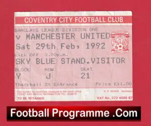 Coventry City v Manchester United 1992 – Match Day Ticket