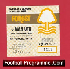 Nottingham Forest v Manchester United 1992 – Match Ticket