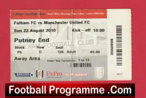 Manchester United v Fulham 2010 – Match Ticket