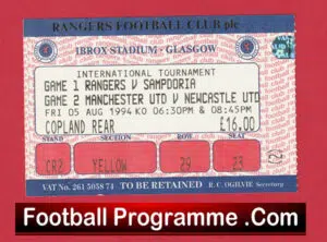 Newcastle United v Man Utd 1994 Ibrox Tournament Football Ticket