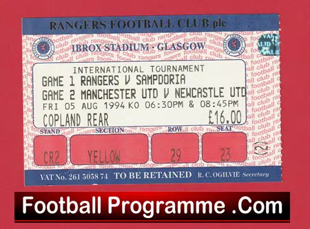 Newcastle United v Man Utd 1994 Ibrox Tournament Football Ticket - Image 2