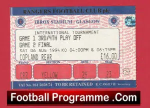 Glasgow Rangers v Manchester United 1994 – ticket Ibrox Tournament Final