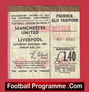 Manchester United v Liverpool 1984 – Man Utd Match Ticket