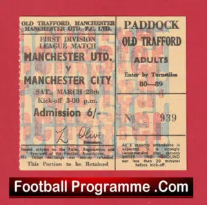 Manchester United v Manchester City 1970 – Football Match Ticket