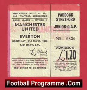 Manchester United v Everton 1985 – Match Ticket