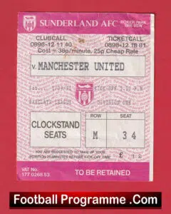 Sunderland v Manchester United 1990 – Football Ticket
