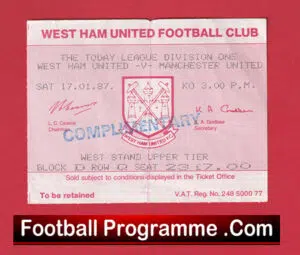 West Ham United v Manchester United 1987 – Match Ticket