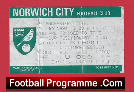 Norwich City v Manchester United 1990 - Match Ticket - Image 2