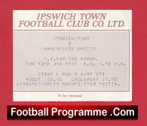Ipswich Town v Manchester United 1988 – Match Day Ticket