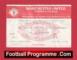Manchester United v Norwich City 1991 – Football Ticket