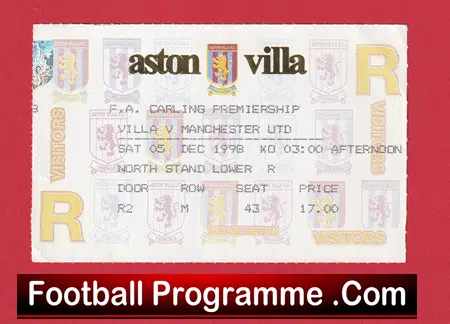 Aston Villa v Manchester United 1998 - Treble Season Football Ticket - Image 2