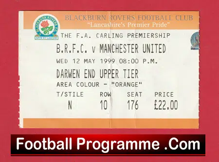 Blackburn Rovers v Manchester United 1999 - Treble Season Ticket - Image 2
