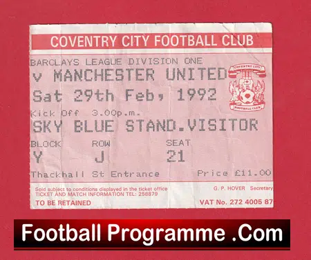 Coventry City v Manchester United 1992 - Match Day Ticket - Image 2