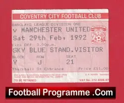 Coventry City v Manchester United 1992 – Match Day Ticket