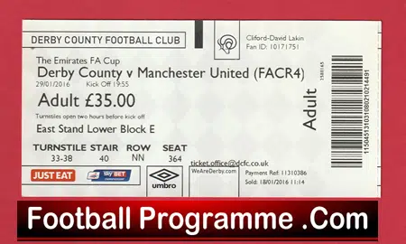 Derby County v Manchester United 2016 - Match Ticket FA Cup - Image 2