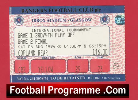 Glasgow Rangers v Manchester United 1994 - ticket Ibrox Tournament Final - Image 2