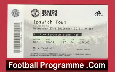 Ipswich Town v Manchester United 2015 - Match Ticket - Image 2