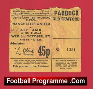 Manchester United v Ajax Amsterdam 1973 – Denis Law Testimonial Ticket