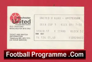 Manchester United v Ajax Amsterdam 1976 – UEFA Cup Match Ticket