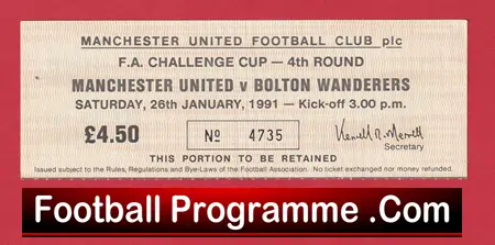 Manchester United v Bolton Wanderers 1991 - Match Ticket - Image 2