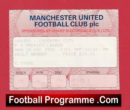 Manchester United v Coventry City 1992 - Match Ticket - Image 2