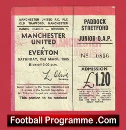 Manchester United v Everton 1985 – Match Ticket