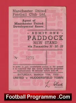 Manchester United v Huddersfield Town 1972 – Paddock Ticket Man Utd