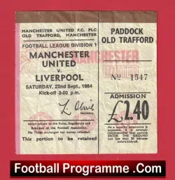 Manchester United v Liverpool 1984 – Man Utd Match Ticket