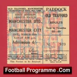 Manchester United v Manchester City 1970 – Football Match Ticket