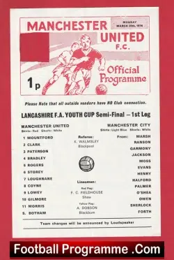 Manchester United v Manchester City 1976 - Youth Cup Semi Final - football programme