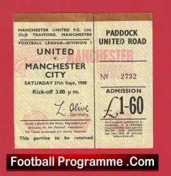 Manchester United v Manchester City 1980 – Match Ticket