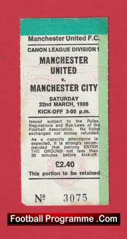 Manchester United v Manchester City 1986 – Football Ticket