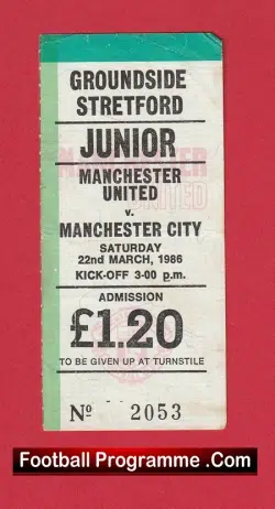 Manchester United v Manchester City 1986 – Junior Match Ticket