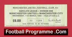 Manchester United v Manchester City 1992 – Match Ticket